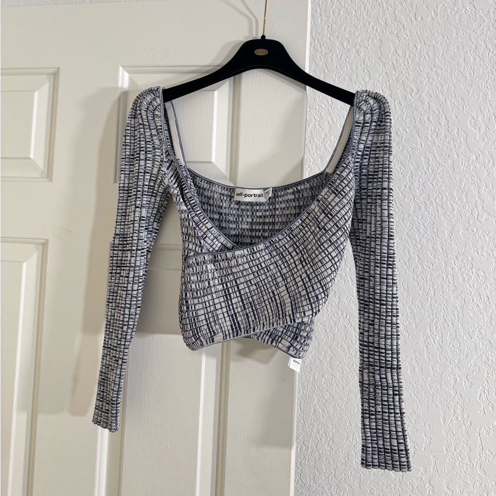 Self-Portrait Ribbed Knit Cropped Top Crossover Ribbed - Picture 2 of 7